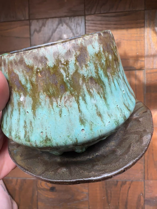 Copper Satellite Planter with drain holes and sparrow plate